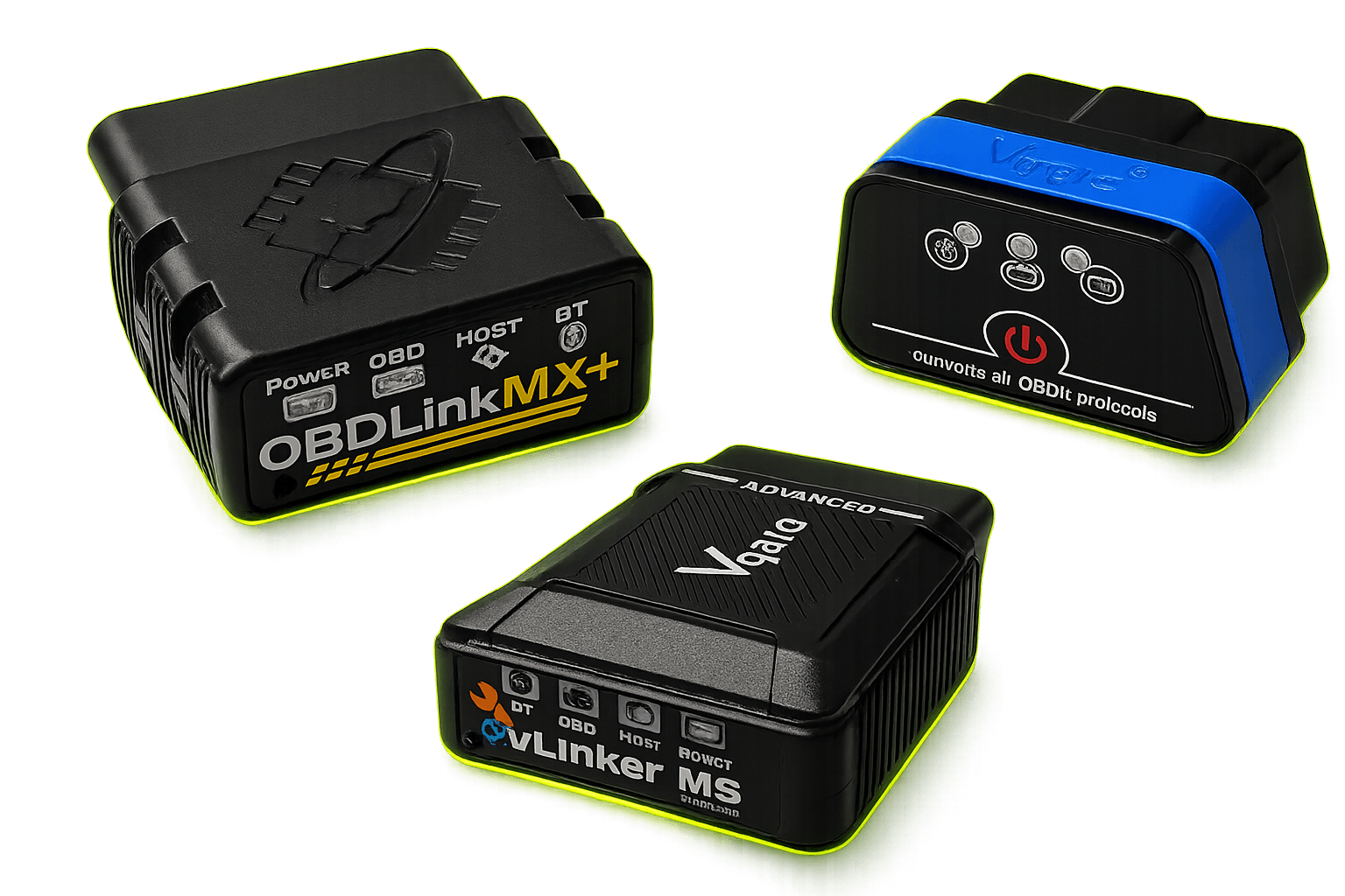 OBDLink MX+, a generic ELM327 and vLinker MS — Bluetooth OBD-II adapters compatible with OBDify