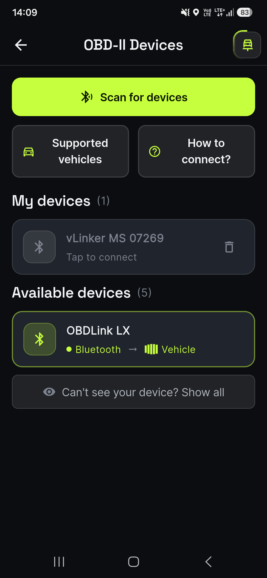 OBDify Bluetooth device list — pairing an OBD-II adapter