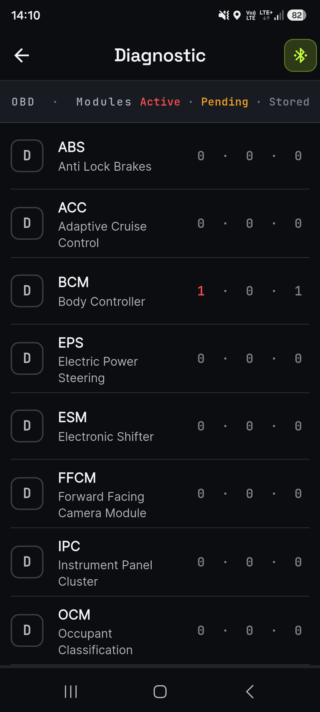 OBDify module scan — every ECU detected with active, pending and stored DTCs