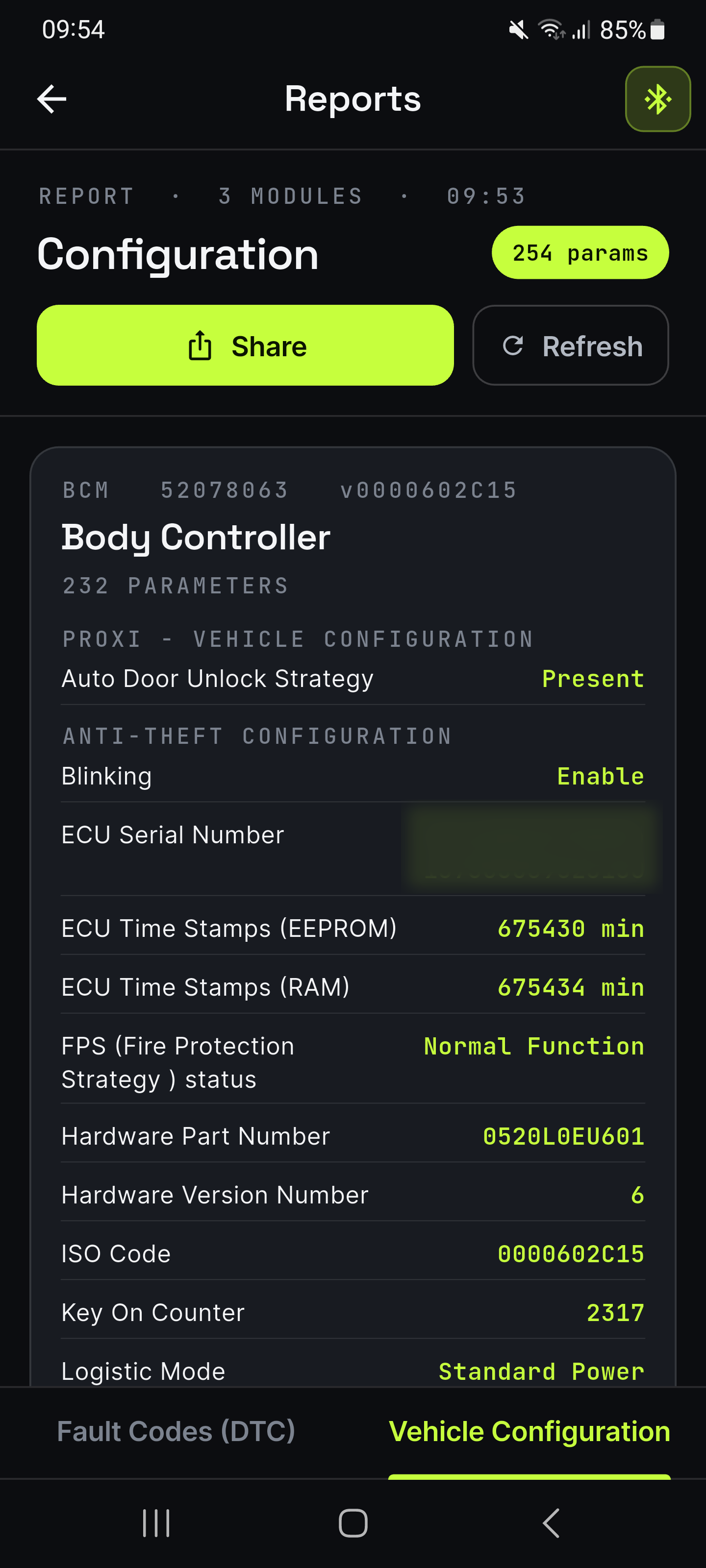 OBDify configuration report — module parameters and faults ready to export